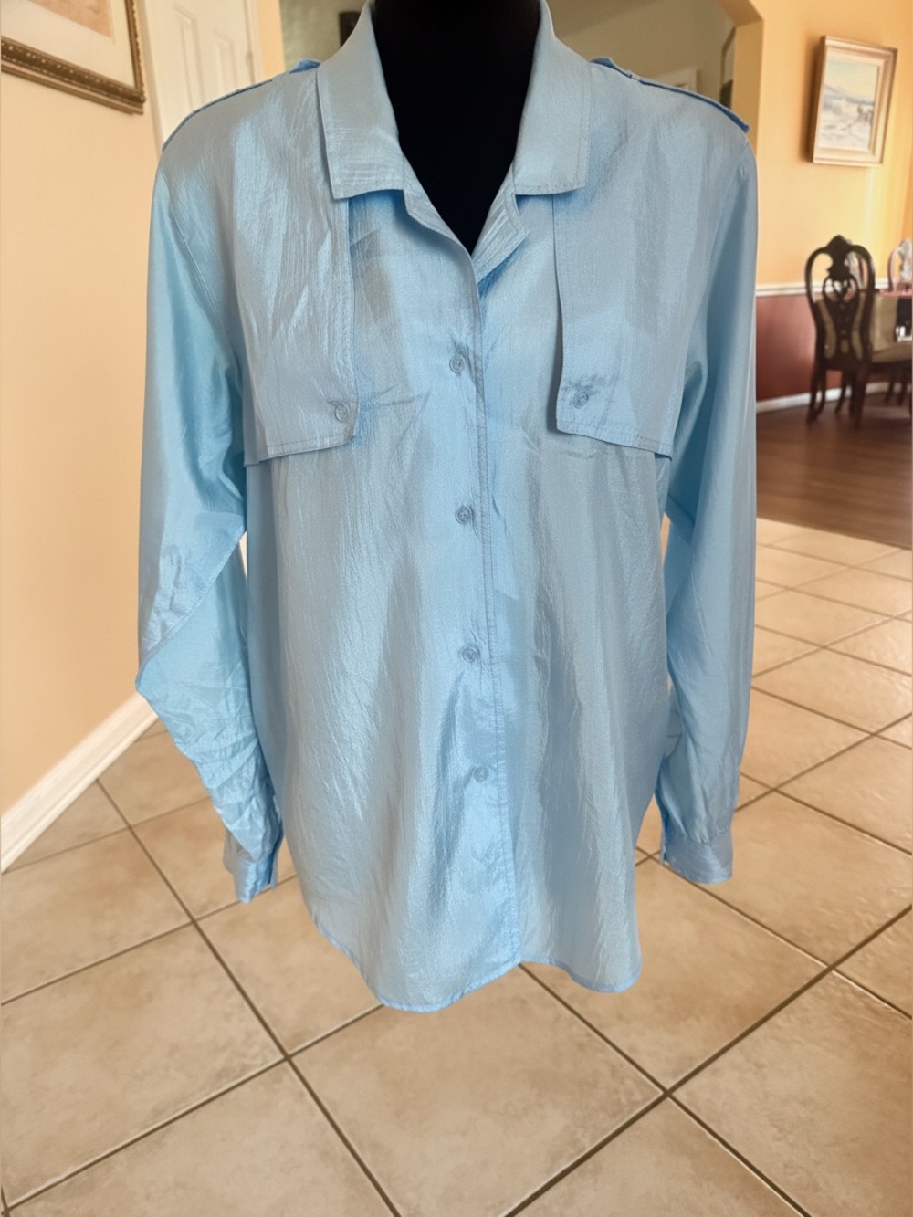 Vintage 80s Diane Von Furstenberg Light Blue Safari Shirt Roll Tab Sleeve Medium